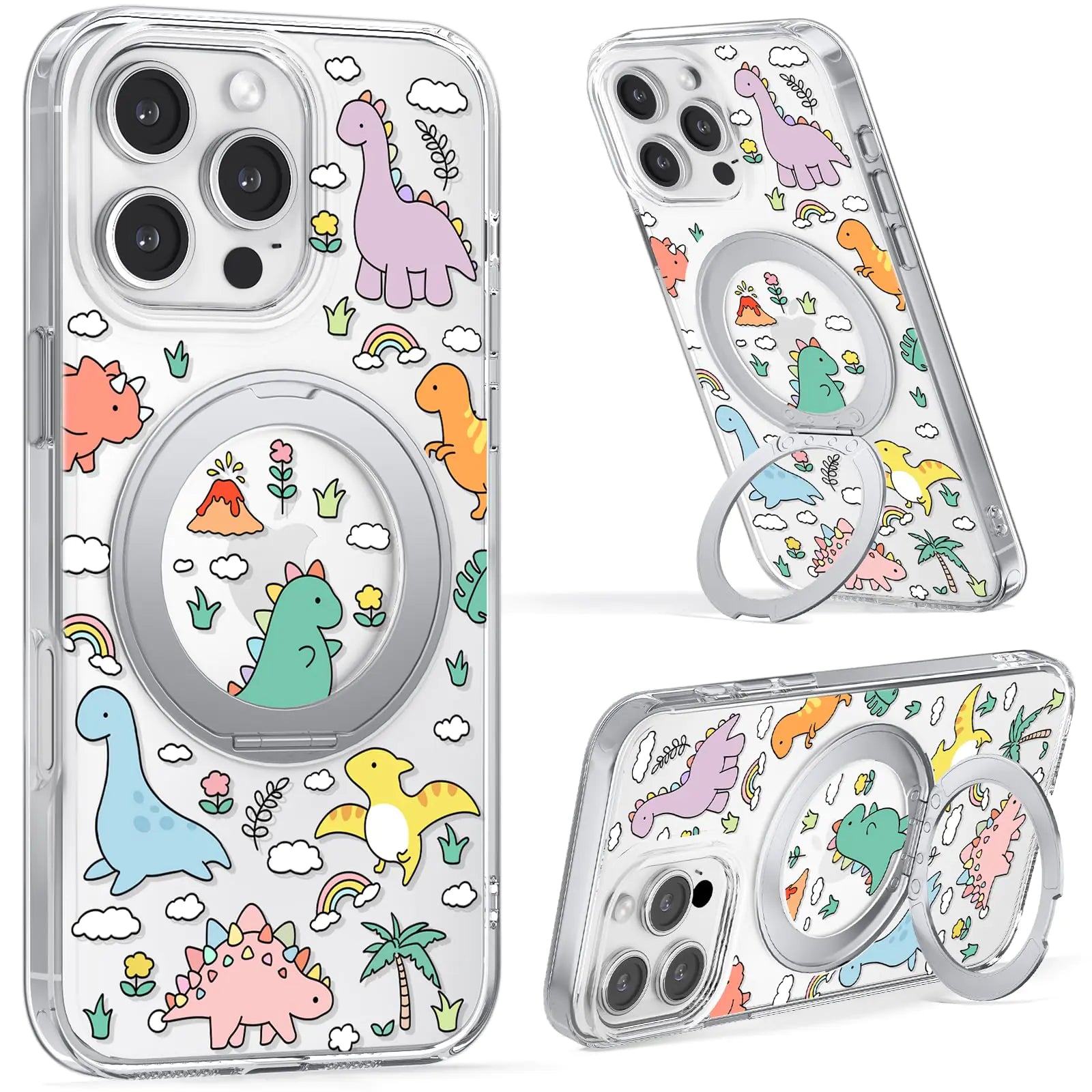 FEWGEY Phone case for iPhone 16 Pro with 360 Degree Phone Holder Cute Dinosaur Transparent Phone case Compatible with Wireless Charging Stylish and Durable caseCute and Exquisite case